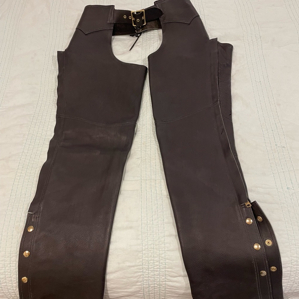 Men’s leather motorcycle chaps.